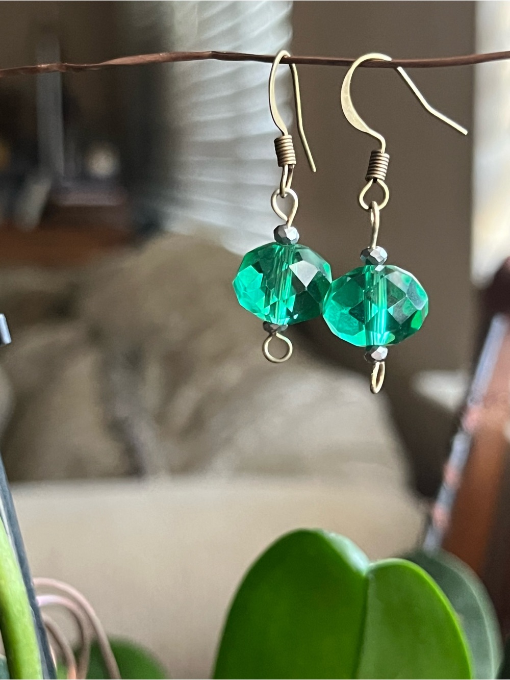 Green Crystal Faceted Drop Earrings with Gold Hooks - Women Jewelry